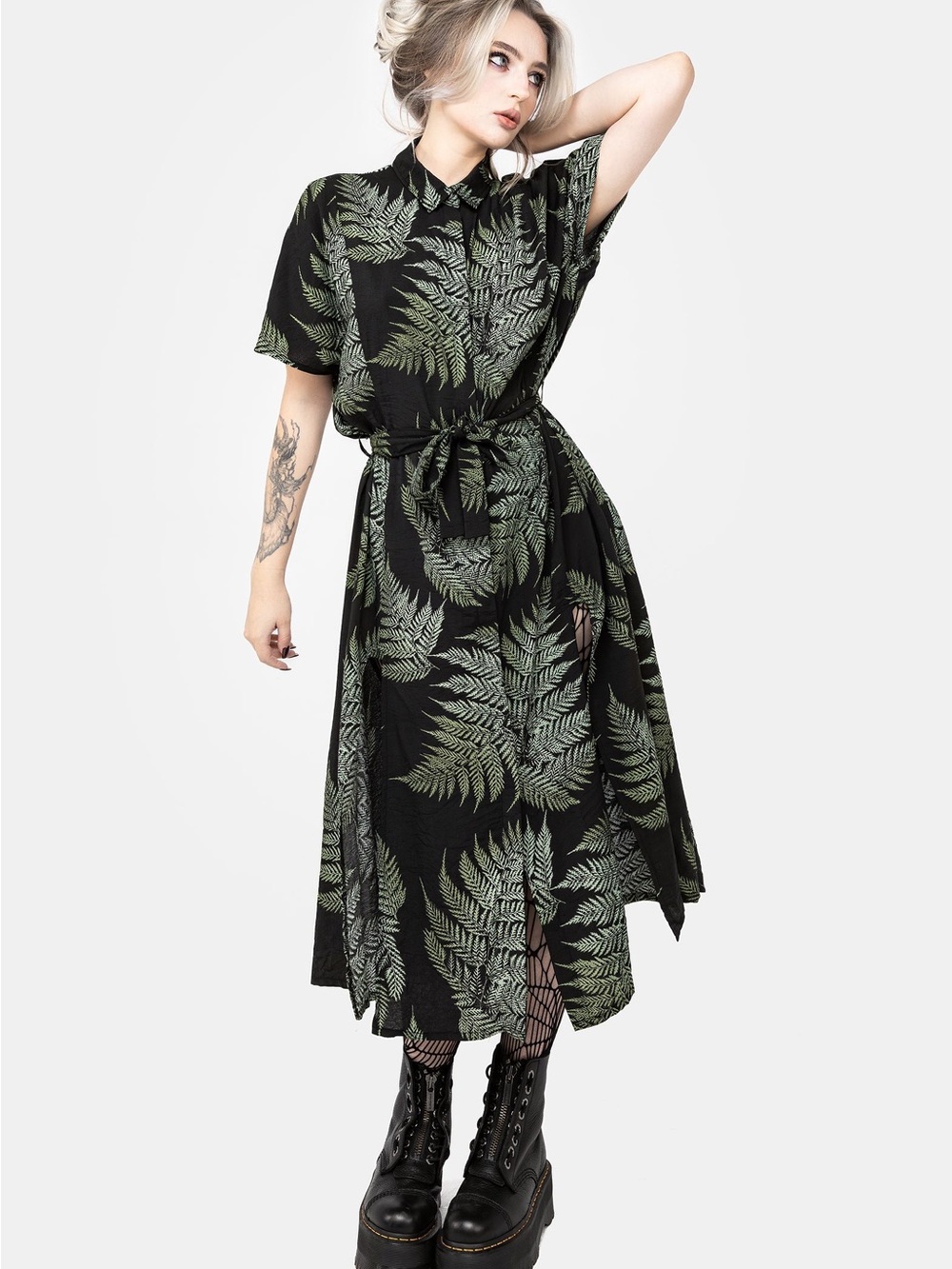 Disturbia Black Midi Dress with Green Fern Print